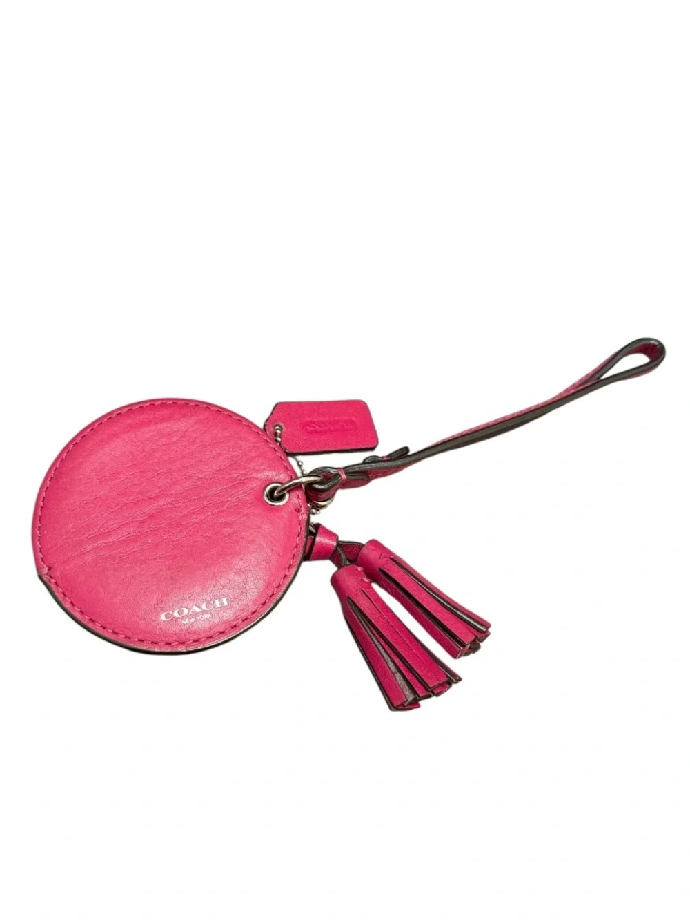COACH Tassel Mirror Bag Charm Leather Keychain Purse Ring Pink